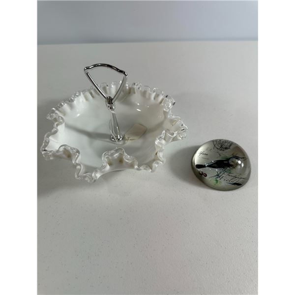 Fenton Silvercrest Ruffled Bonbon with Handle & Bird Paperweight