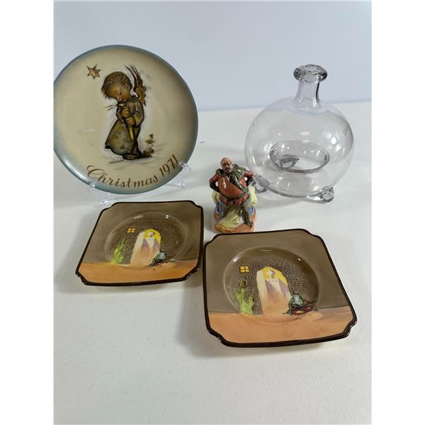 1971 Goebel Hummel Christmas Plate & Desert Scene Dishes with Small Glass Bottle