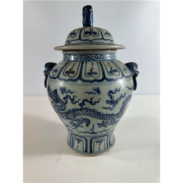 Blue and White Asian Ceramic Jar with Dragon Motif, possible Dragon & Foo Dog Ginger Jar