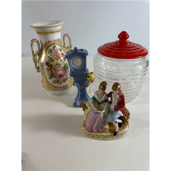 Assorted Decorative Ceramics   Floral Vase, Blue Clock, Couple Figurine & Ribbed Glass Jar