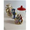 Image 1 : Assorted Decorative Ceramics   Floral Vase, Blue Clock, Couple Figurine & Ribbed Glass Jar