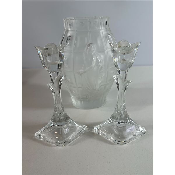 Frosted Art Glass Vase with Classical Figures & Pair of Crystal Candlesticks