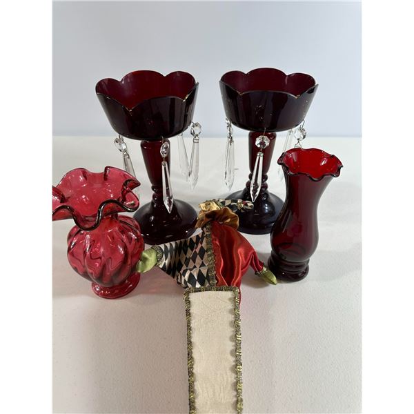 Pair of Ruby Glass Lustres with Prisms, Matching Bud Vase & Harlequin Puppet