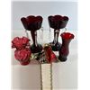 Image 1 : Pair of Ruby Glass Lustres with Prisms, Matching Bud Vase & Harlequin Puppet