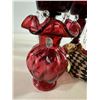 Image 3 : Pair of Ruby Glass Lustres with Prisms, Matching Bud Vase & Harlequin Puppet