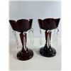 Image 8 : Pair of Ruby Glass Lustres with Prisms, Matching Bud Vase & Harlequin Puppet
