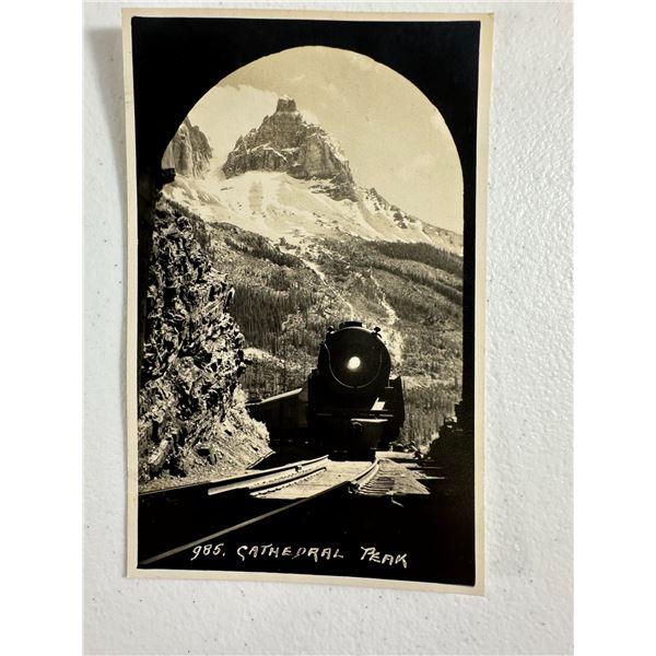 Vintage Real Photo Postcard   Cathedral Peak with Train, Canadian Rockies