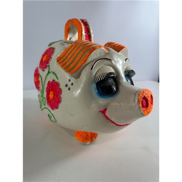 Vintage Hand-Painted Mexican Piggy Bank with Coins inside