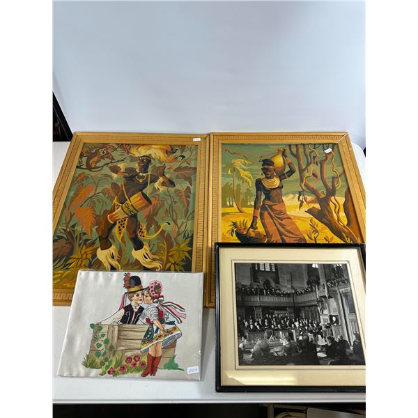 Lot of Framed Artwork - Vintage Prints and Embroidery