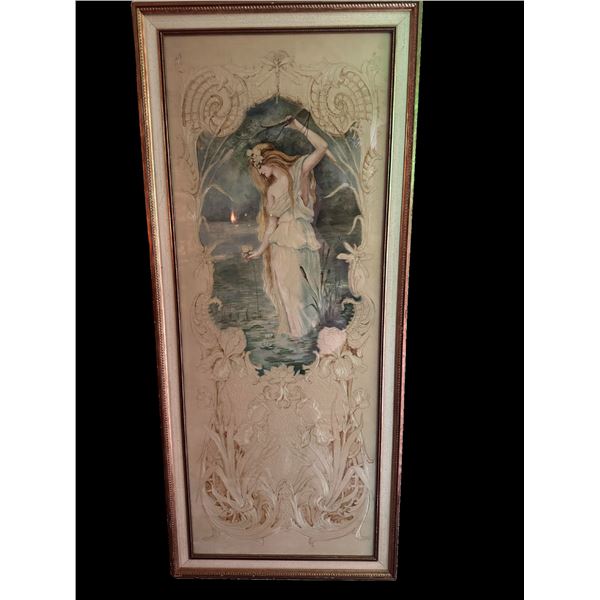 Art Nouveau Embossed Lady by the Water — Framed Lithograph with Raised Floral Border, c.190