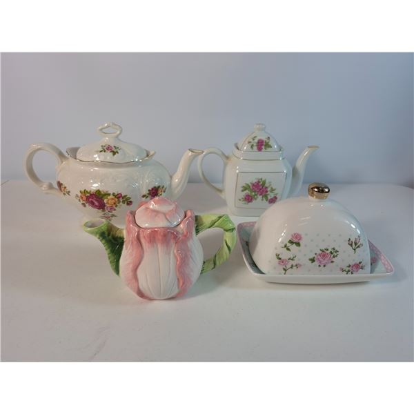 Assorted Floral Teapots and Covered Dish