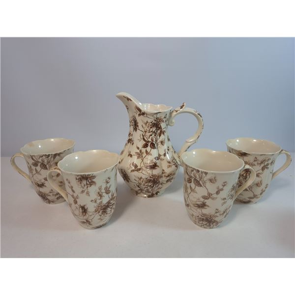 Brown Floral Pitcher and Cup Set