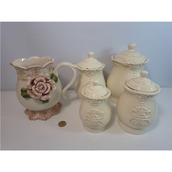 Vintage Cream Ceramic Canister and Pitcher Lot