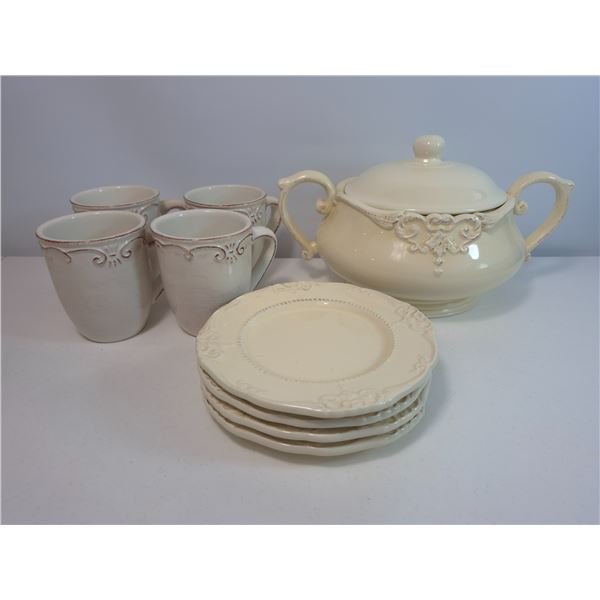 Cream Ceramic Soup Tureen with Matching Dishes and Cups