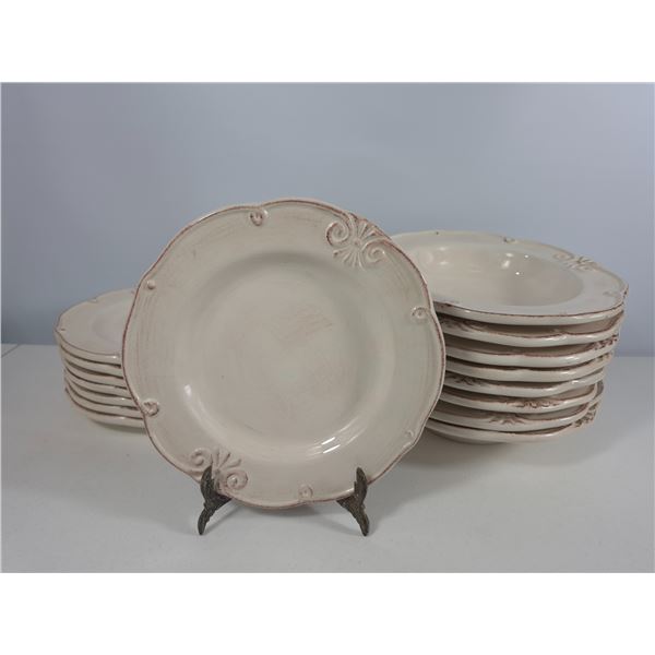 Matching Set of Embossed Cream Dinner and Soup Plates