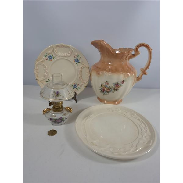 Peach Floral Pitcher with Oil Lamp and Decorative Plate
