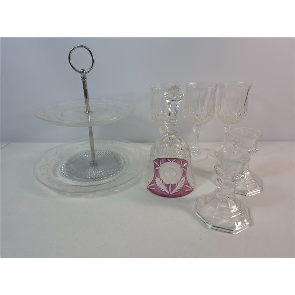Cut Glass Stemware and Tiered Serving Tray Lot