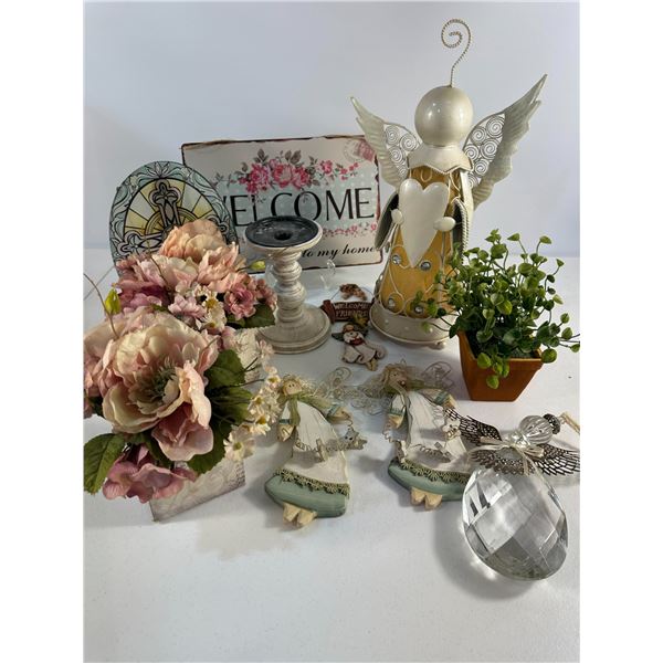 Angel Figurine, Floral Arrangement, and Welcome Sign Lot