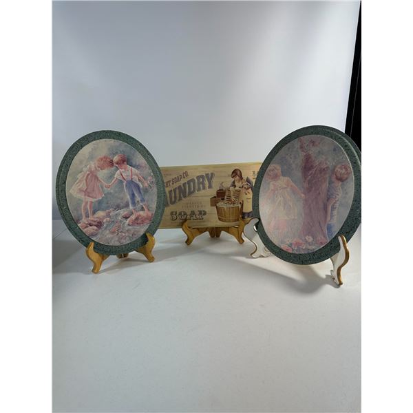 Vintage Wall Art Trio  Laundry Sign and Children Prints