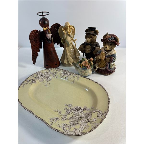 Angel Figurines, Bear Couple & Floral Platter