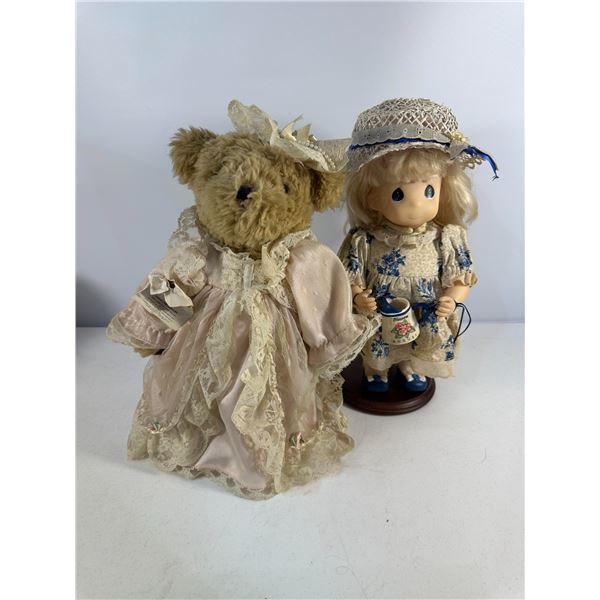 Dressed Teddy Bear & Porcelain Girl Doll