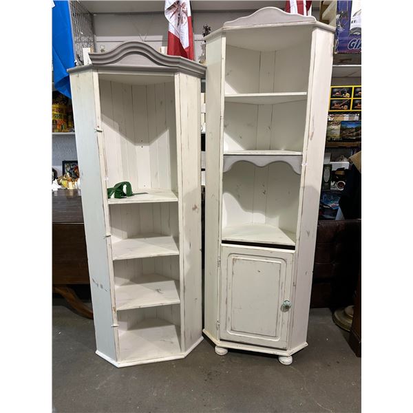 Pair of Distressed White Corner Cabinets