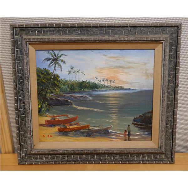 Ocean Landscape w/ Canoes Artwork by K. JD, Framed 28" x 24"