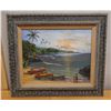 Image 1 : Ocean Landscape w/ Canoes Artwork by K. JD, Framed 28" x 24"