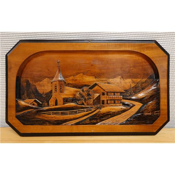 Carved Wooden Church Scene Fabricated Sculpture Wall Hanging Signed by Artist 24" x 14"