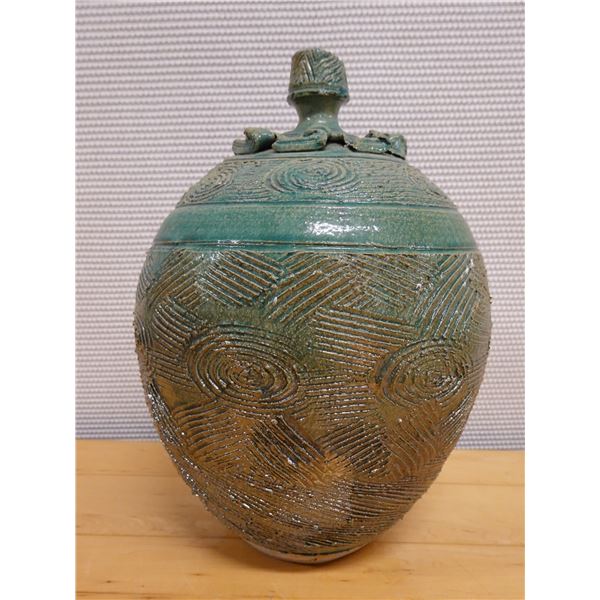 Textured Ceramic Jar w/ Lid & Maker's Mark Matty (?) 8.5" Dia, 14"H
