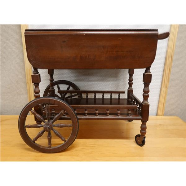Vintage Wooden Drop-Leaf Tea Cart on Wheels w/ Undershelf 32" x 19" (folded - leaf is 10" each) x 28