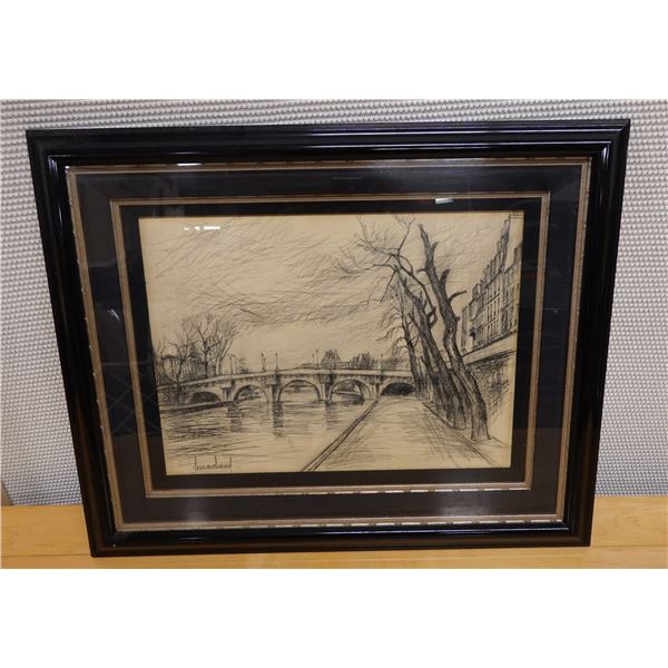 Landscape Scene Sketch Signed by Artist Lemarchand (?), Framed 26" x 21"