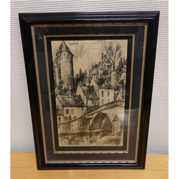 Landscape Scene Sketch Signed by Artist Lemarchand (?), Framed 19" x 26"