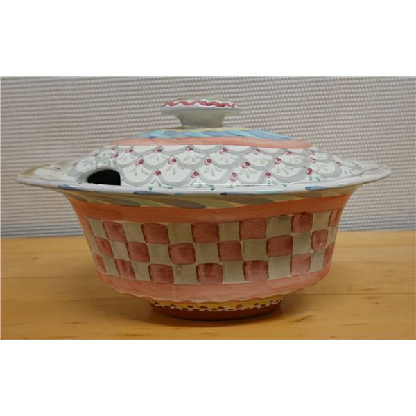 Mackenzie Childs Stoke Gabriel Oval Soup Tureen w/ Lid & Abstract Design 13" x 9" x 8.5"H