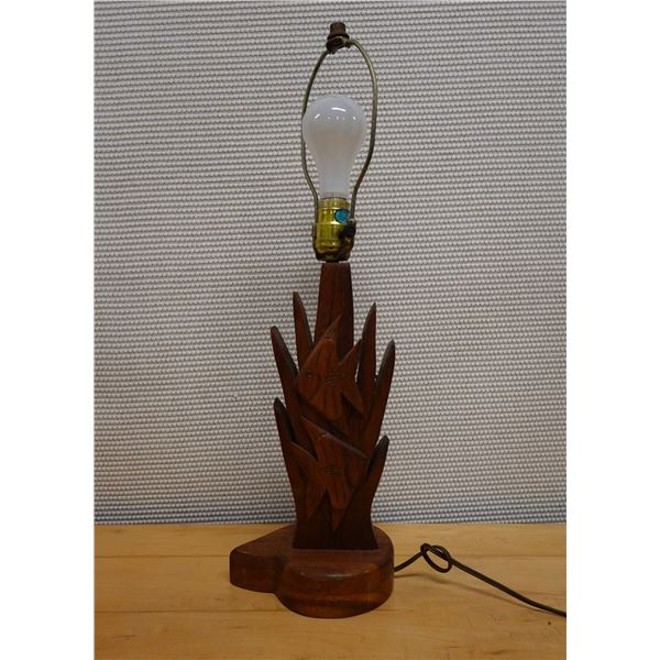 Carved Wooden Table Lamp w/ Fish Motif (works - no shade) 5.5" x 22"H