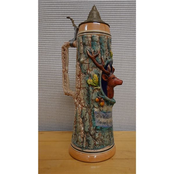 Large German Beer Stein w/ Lid, Maker's Mark & Deer Motif 5.5" Dia x 16.5"H