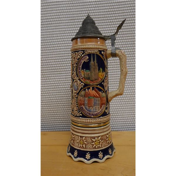 Gerz German Beer Stein Music Box w/ Lid & Maker's Mark 4.5" Dia x 12"H