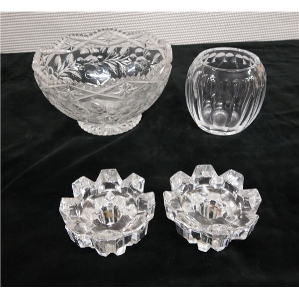 Qty 4 Glass Items: 2 Candle Holders, 2 Bowls (1 w/ Pinwheel Design), Misc Sizes