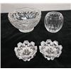Image 1 : Qty 4 Glass Items: 2 Candle Holders, 2 Bowls (1 w/ Pinwheel Design), Misc Sizes