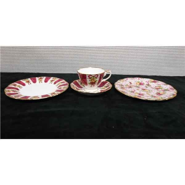 Qty 3 Royal Albert Bone China Dishes:  Ruby Damask Plate, Cup & Saucer, Pink Chintz Plate, Misc Size