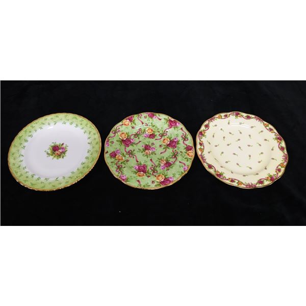 Qty 3 Royal Albert Bone China Plates:  Old Country Roses, Green Chintz & Yellow Rosebud, Misc Sizes