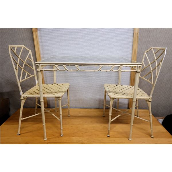 Brown Jordan Table w/ Glass Top 35" x 25" x 29"H w/ 2 Woven Chairs 17.5" x 16.5" x 35"H