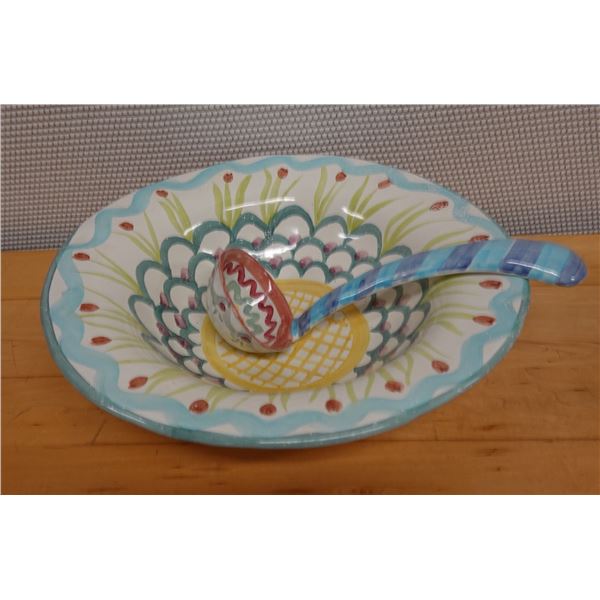 Mackenzie Childs King Ferry Bowl 14" Dia w/ Matching Ladle 11"L