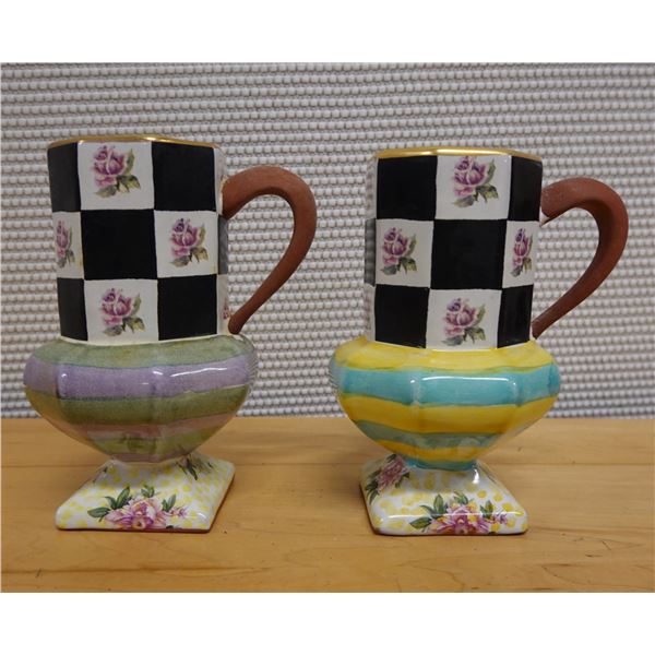 Qty 2 Mackenzie Childs Torquay Checkered Pedestal Mugs 4" Dia, 6.5"H
