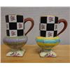 Image 1 : Qty 2 Mackenzie Childs Torquay Checkered Pedestal Mugs 4" Dia, 6.5"H