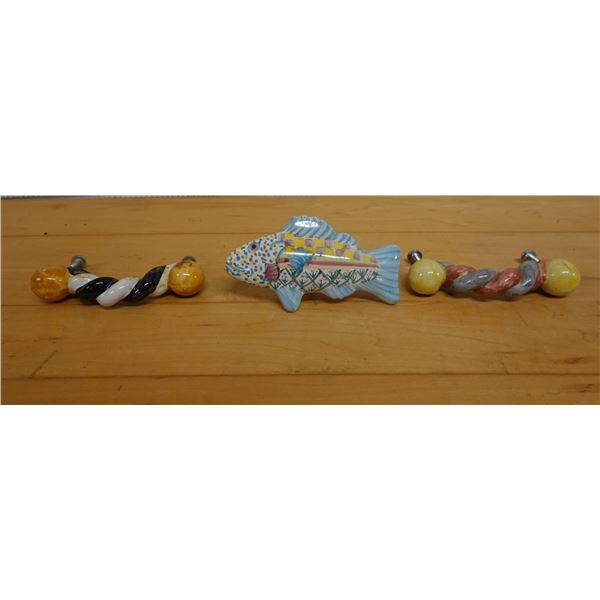 Qty 3 Mackenzie Childs Ceramic Cabinet Pulls: 2 Ropes & 1 Fish, Misc Sizes