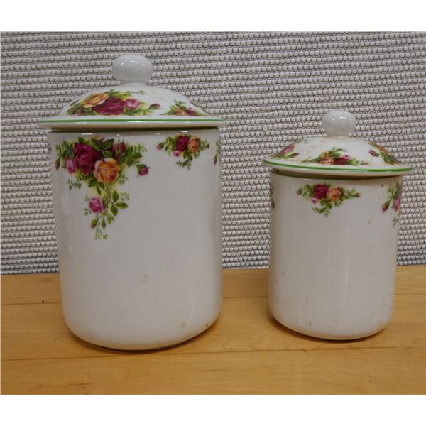 Qty 2 Royal Albert Old Country Roses Fine China Canisters w/ Lids, Misc Sizes