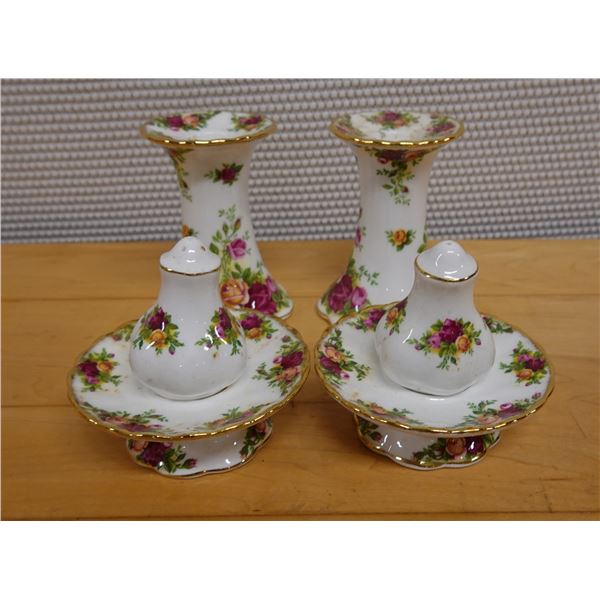 Qty 2 Royal Albert Old Country Roses Salt & Pepper Shakers on Bases & 2 Candle Holders, Misc Sizes