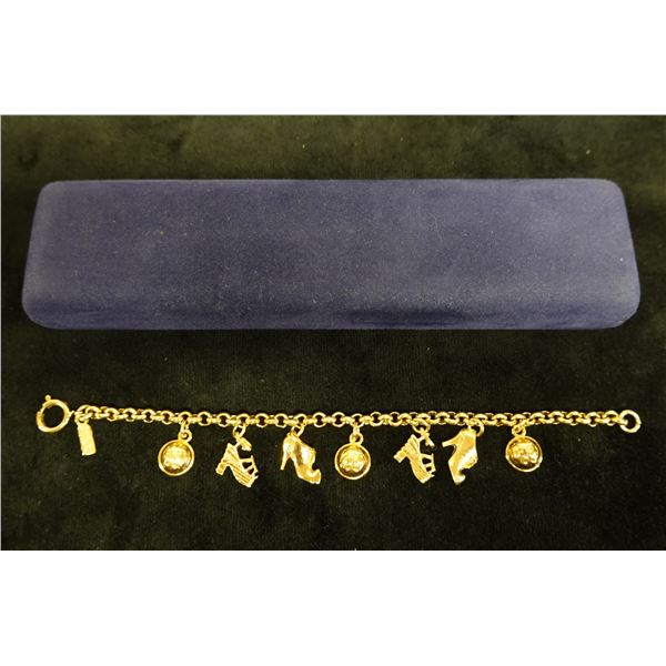 Salvatore Ferragamo Gilt Metal Shoe Themed Charm Bracelet Made in Italy, 8" L