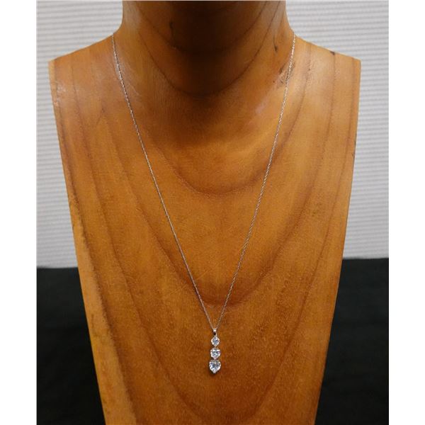 14K White Gold Chain Necklace w/ Cubic Zirconia Hearts Pendant, 0.04 oz